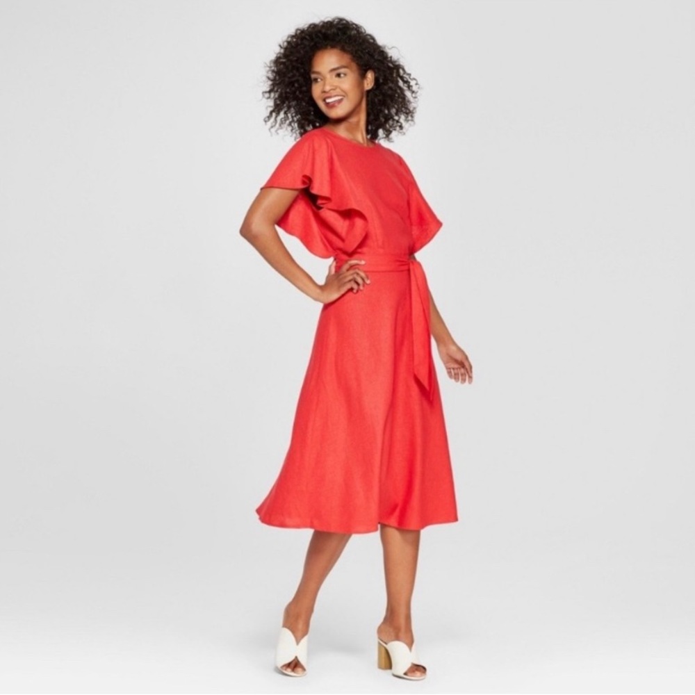 Who What Wear Red Linen Blend Ruffle Sleeve Dress